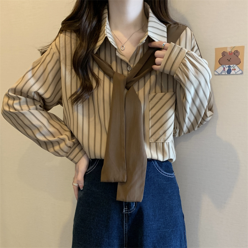 Melard Striped Long-Sleeve Shirt for Women, New Autumn Style, Plus Size, Slightly Chubby, Vintage Shirt, Slimming, Fake Two-Piece Top