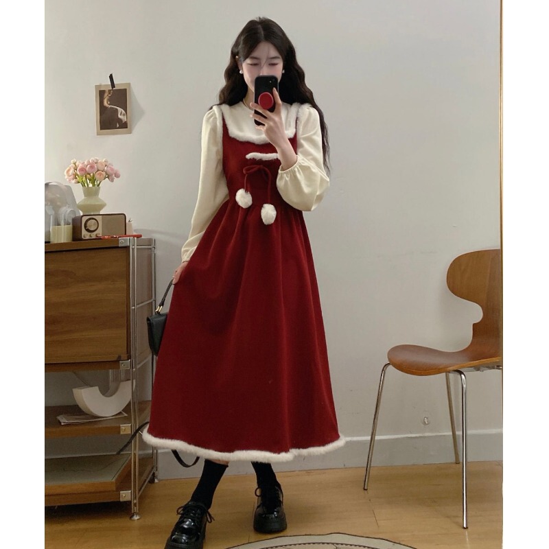 Furry Red Dress 2026 Autumn and Winter New Plus Size Fat Girl New Year Christmas Atmosphere Fake Two-Piece Long Dress