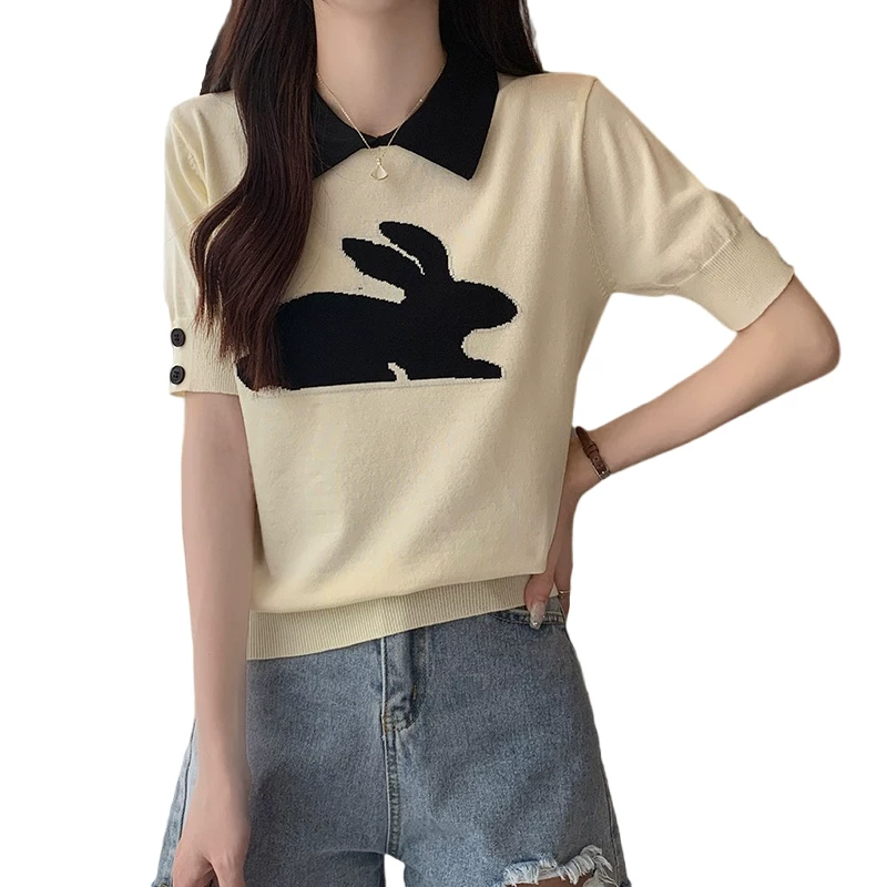 Тонкий вязаный свитер, кролик, футболка с short sleeves, рубашка, поло, размер плюс, свободный крой