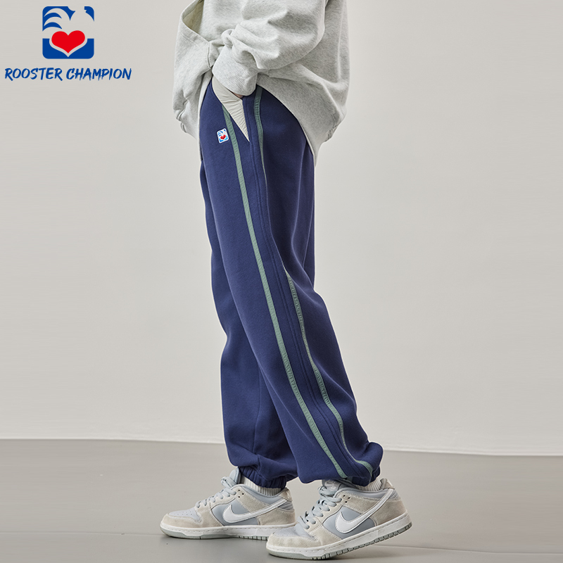 Rooster Champion Sweatpants for Men, New Winter Dark Blue Joggers with Side Panel Stitching, Warm Striped Fleece-Lined Sports Trousers, Trendy Rooster Champion Sweatpants for Men, New Winter Dark Blue Joggers with Side Panel Stitching, Warm Striped Fleece-Lined Sports Trousers, Trendy