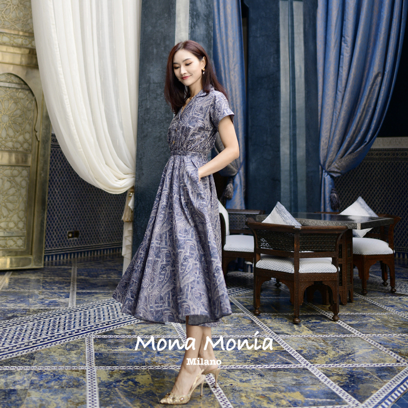 Monamonia Italian Spring/Summer Pure Cotton Poplin Elegant Lapel Flared Dress Istana Monamonia Italian Spring/Summer Pure Cotton Poplin Elegant Lapel Flared Dress Istana