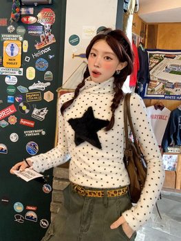 American Retro Polka-Dot Star High-Neck Long-Sleeved T-Shirt for Women in Autumn and Winter New Slim-Fitting Bottoming Shirt Plush Top