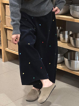 American Retro Heart Embroidery Corduroy Casual Wide-Leg Pants, Loose and Lazy Style, Fleece-Lined and Thickened, High-Waisted Straight-Leg Pants