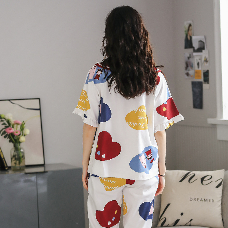 Pajama phụ nữ mùa xuân và mùa thu bông ngắn tay mỏng hai mảnh bộ phim hoạt hình net sinh viên dễ thương màu đỏ với quần áo nhà mùa hè