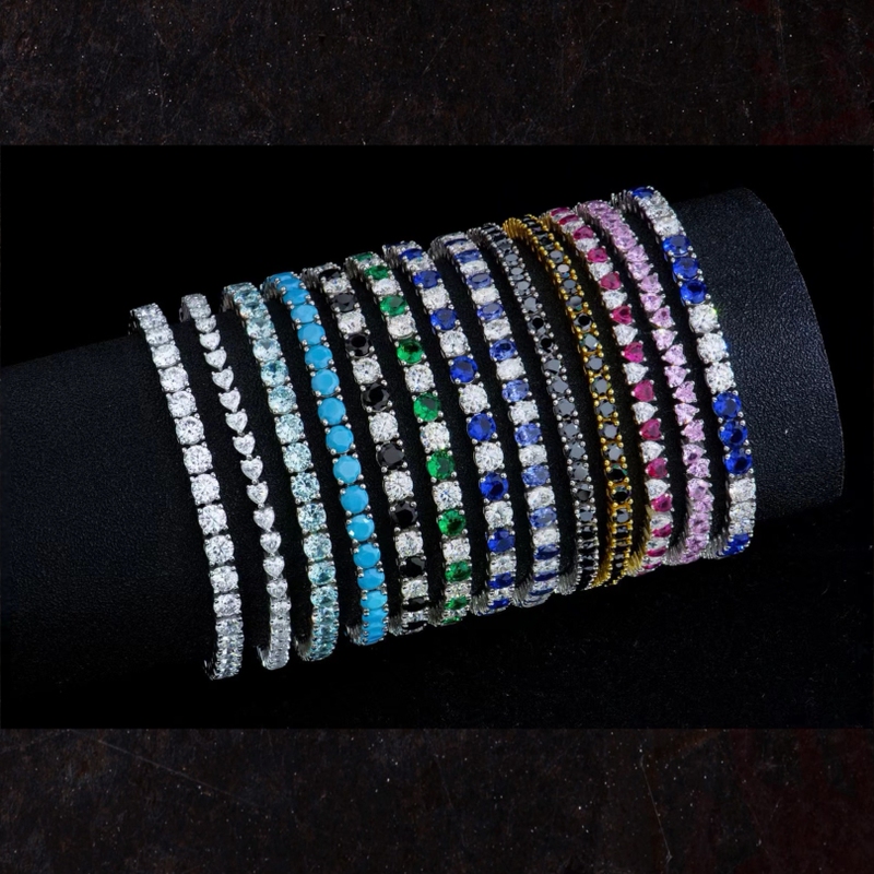 Colorful Moissanite Bracelet Tennis Full of Diamonds Four-Claw Black Moissanite Men and Women Sterling Silver White Golden-Plated Imitation Diamond Bracelet 10 Points