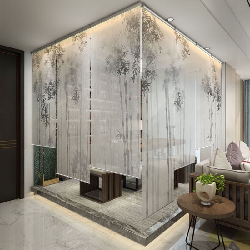 Chinese Landscape Painting Soft Gauze Roller Blind Curtain Electric Adjustable Semi-Transparent Sunshade Digital Printing Ink Partition Curtain