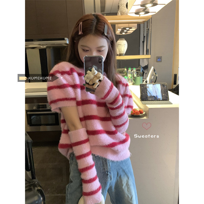 Pink Short Sleeve Sweater Woman Design Sensation Small Crowdsleeve Blouse Blouse Spring Sweet and Loose Blistering Blister Striped-Knitted Cardigan
