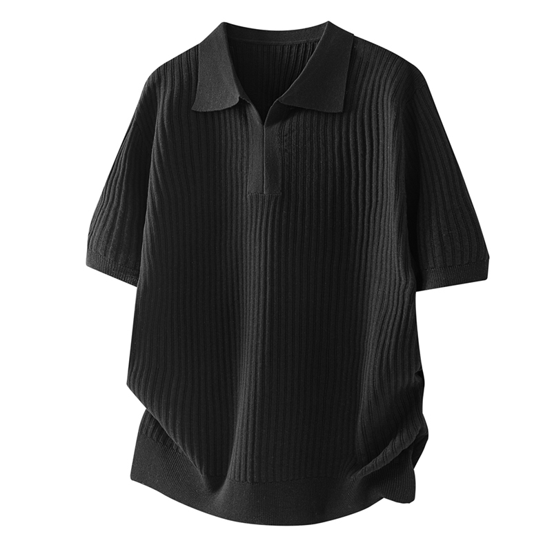F329 American Retro Old Money Style Striped Knit Polo Shirt Summer Short-Sleeve T-Shirt Textured Hollow-Out Top