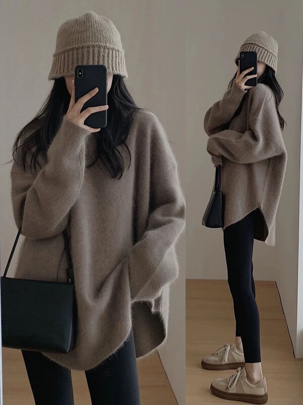 Raccoon Fur Winter Trendy Sweater, Mid-Length, Lazy and Loose, Thick Pullover Knit Base Shirt for Women Raccoon Fur Winter Trendy Sweater, Mid-Length, Lazy and Loose, Thick Pullover Knit Base Shirt for Women