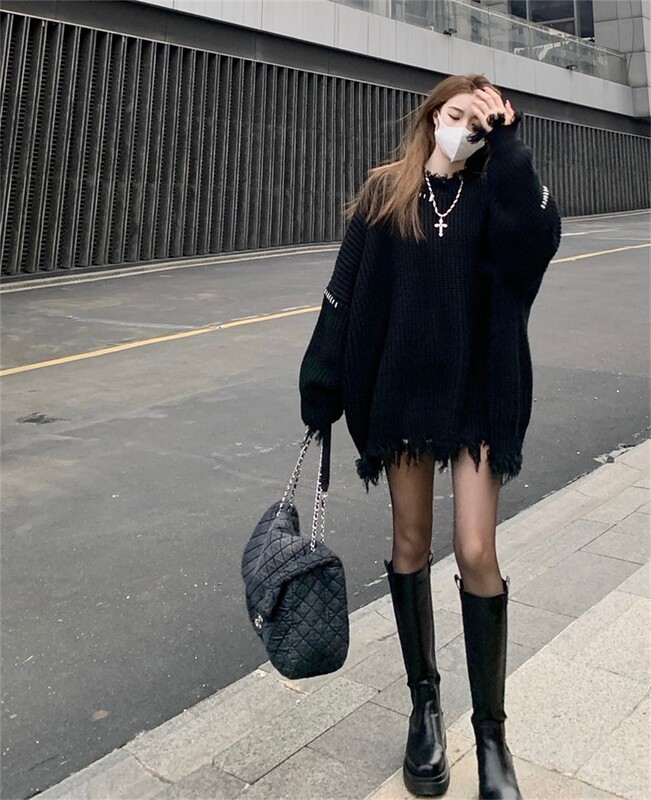 Ripped Fringed Thick Sweater for Women 2023 Autumn and Winter New Loose Mid-Length Knitwear with Unique Design Niche Top