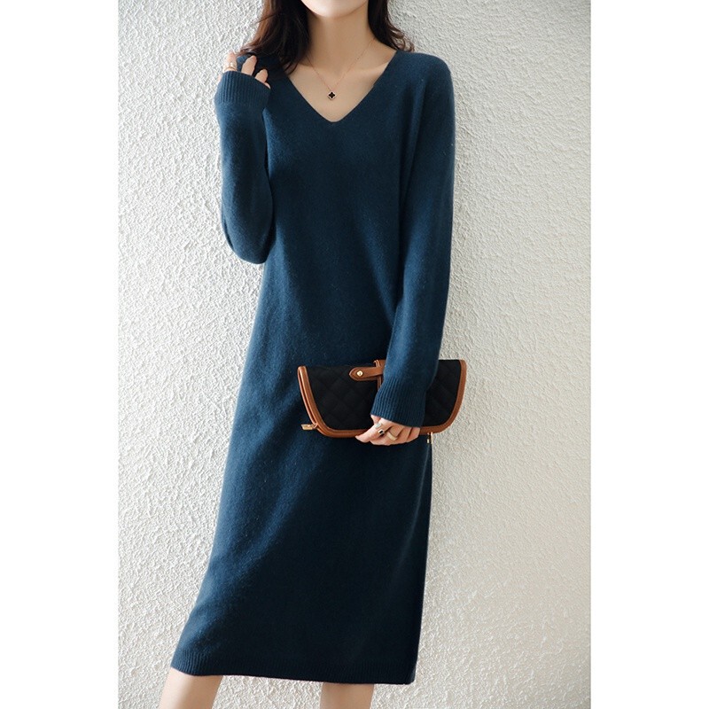 2023 Winter New V-Neck Sweater Dress for Women, Mid-Length, Loose, Over-The-Knee, Straight-Leg, Knitted, Thickened Dress