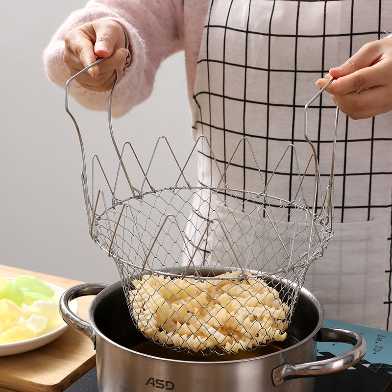 Stainless steel big fried net Kitchen Round Wash Vegetable Drain Oil Tool Fries Fried Basket Folded filter basket