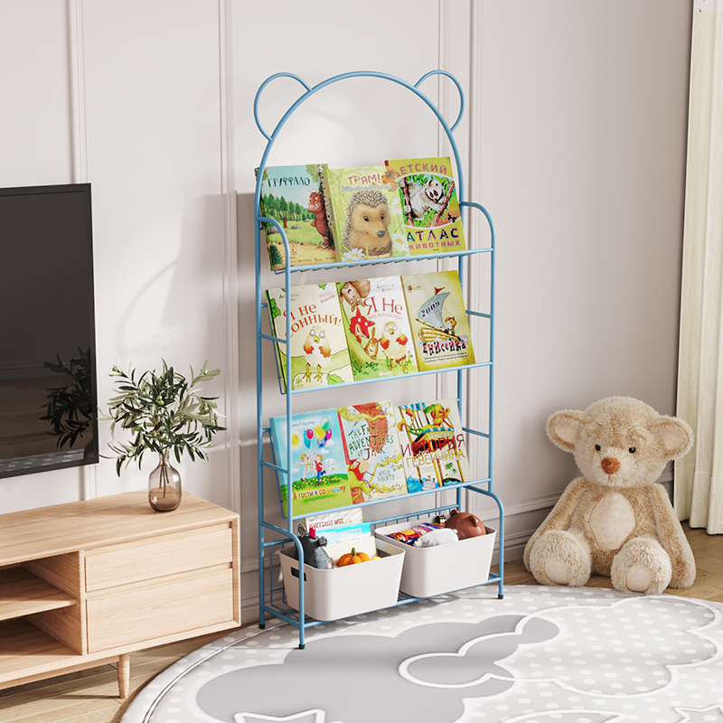 Little Bear Children's Bookshelf Wrought Iron Storage Shelf Integrated Floor-to-Ceiling Baby Bookshelf Picture Book Kindergarten Toy Shelf