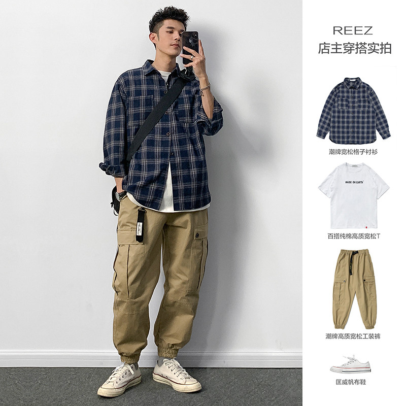REEZ (shopkeeper wears a hitch) spring day system checkered shirt male long sleeve large size lenient trend shirt female