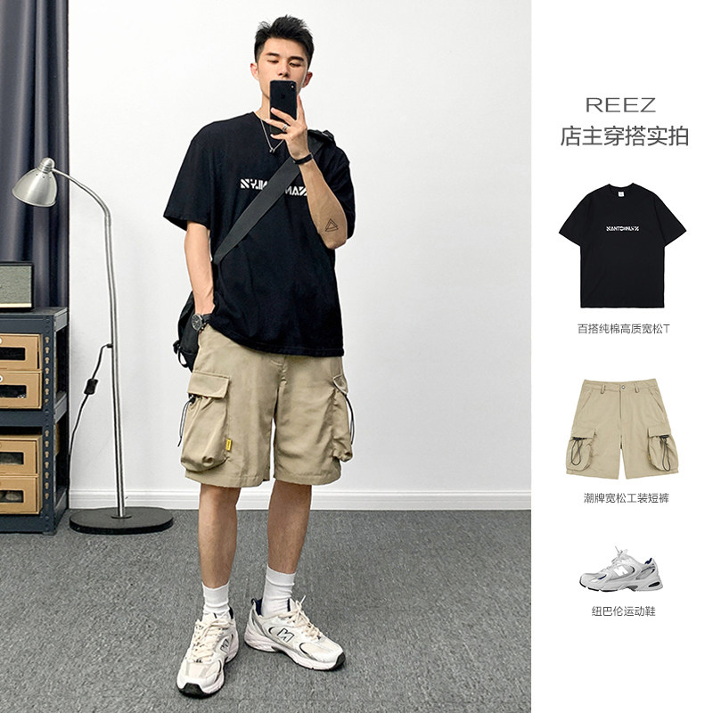 REEZ (store owner wears a loose Japanese short - sleeved T - shirt male neck cotton - printed wave - and - trend shirt woman