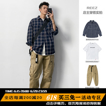 REEZ (shopkeeper wears a hitch) spring day system checkered shirt man long sleeve big code loose trend lining woman