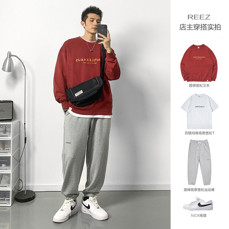 REEZ (shop owner wear) 2021 spring and autumn Japanese round neck thick cotton T men's loose pullover trendy all-match ins women - Taobao