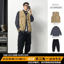 REEZ (shop owner wears a lap) Japanese retro tooling waistcoat male spring new multi-pocket loose vest female tide