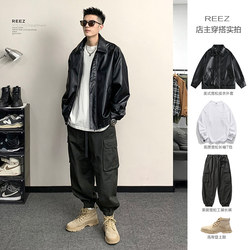 REEZ American leather jacket men's autumn and winter handsome loose motorcycle jacket thickened cotton coat trendy