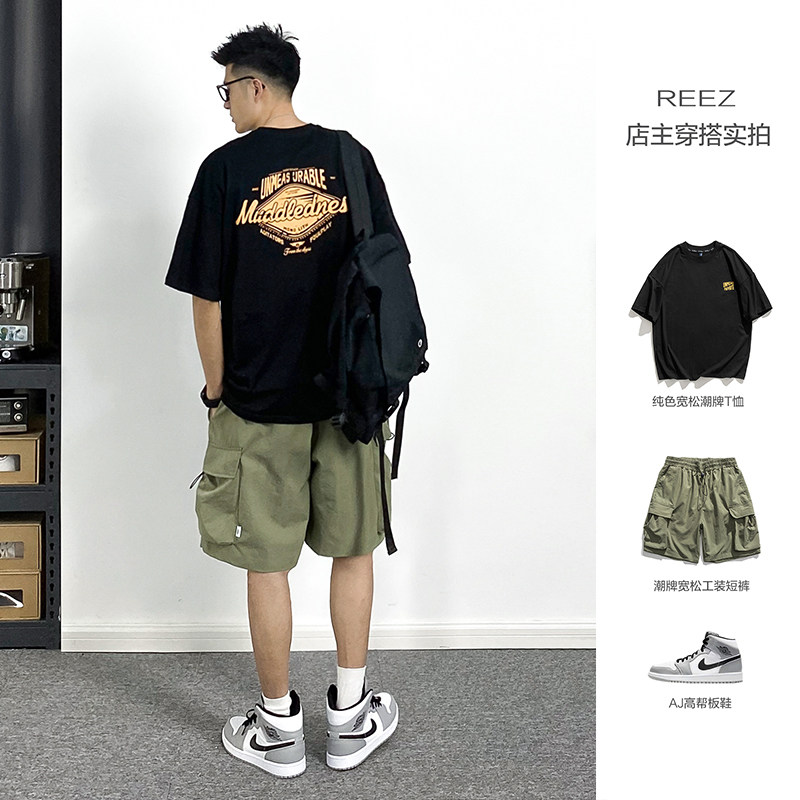 REEZ (shopkeeper wears a hitch) Japanese T-shirt male short sleeve Summer American Tide Card Printed INS Loose 50% Sleevy