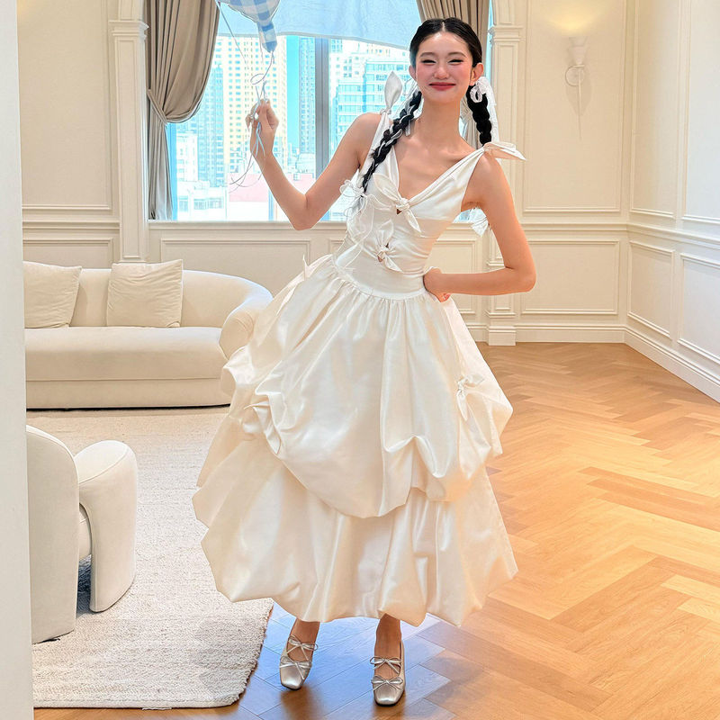 French-Style Spaghetti Strap Light Wedding Dress, Sweet Morning Robe for Female Brides, Engagement and Wedding Gown, Birthday Party, Coming-Of-Age Ceremony, Princess Dress
