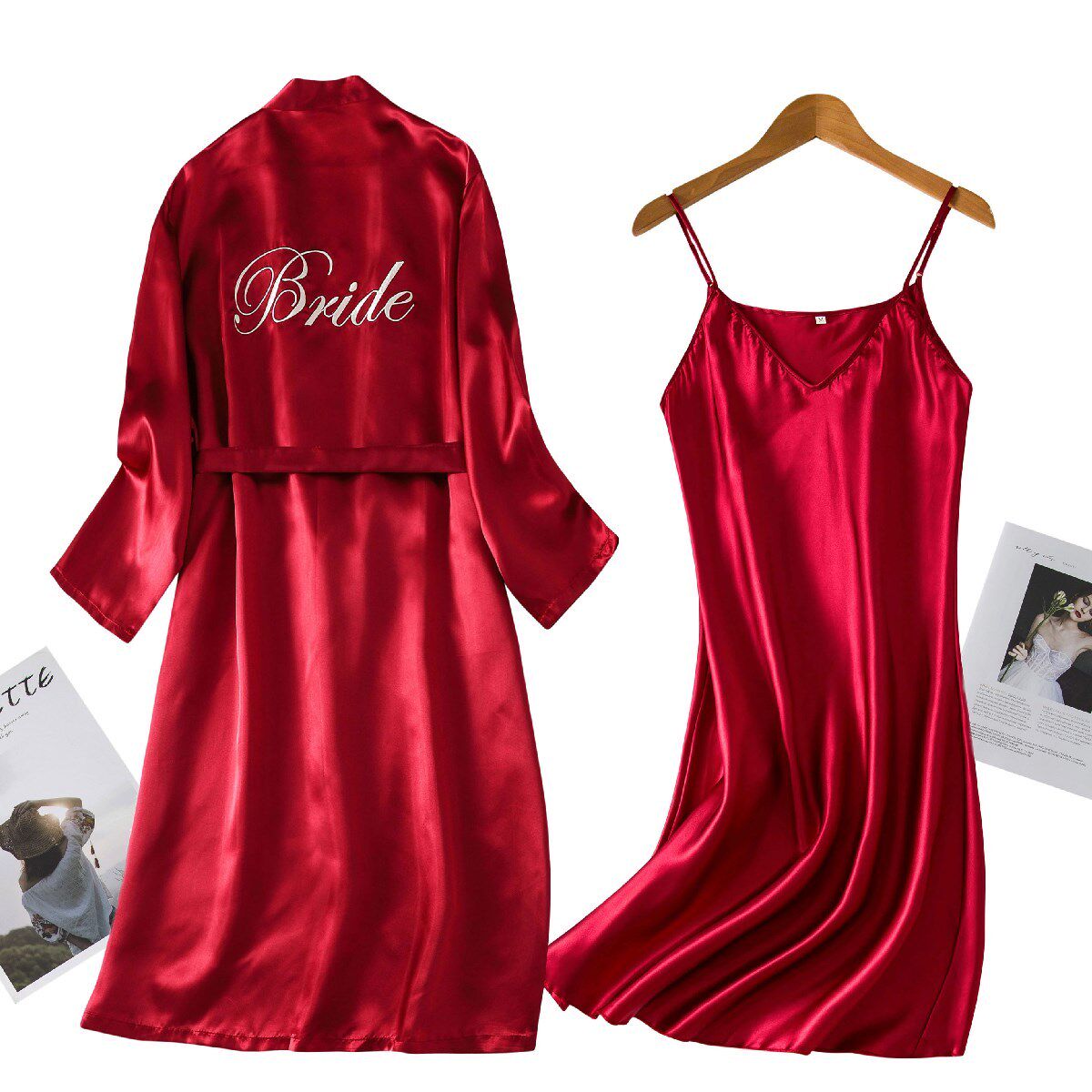 Morning gown female spring and autumn summer ice silk silk short-sleeved bathrobe long-sleeved nightgown female red wedding bride bridesmaid wedding
