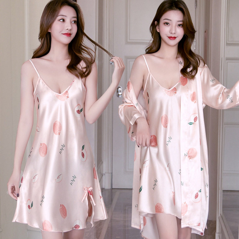 Nightgown spring and autumn silk couple pajamas women's silk suspender nightdress two-piece set summer thin section ice silk bathrobe bath skirt