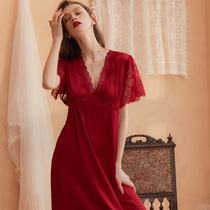 Spring and summer sexy sleeping dress ice silk married wine V-collar dress thin lady wearing large-code home suit