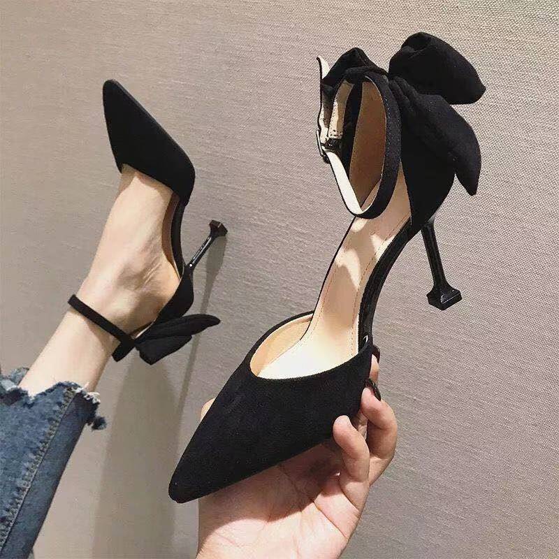 2024 Spring/Summer New Korean Style Pointed Toe Pumps High Heels Bowknot Stiletto Mid-Heel Cat Heel Closed-Toe Sandals for Women