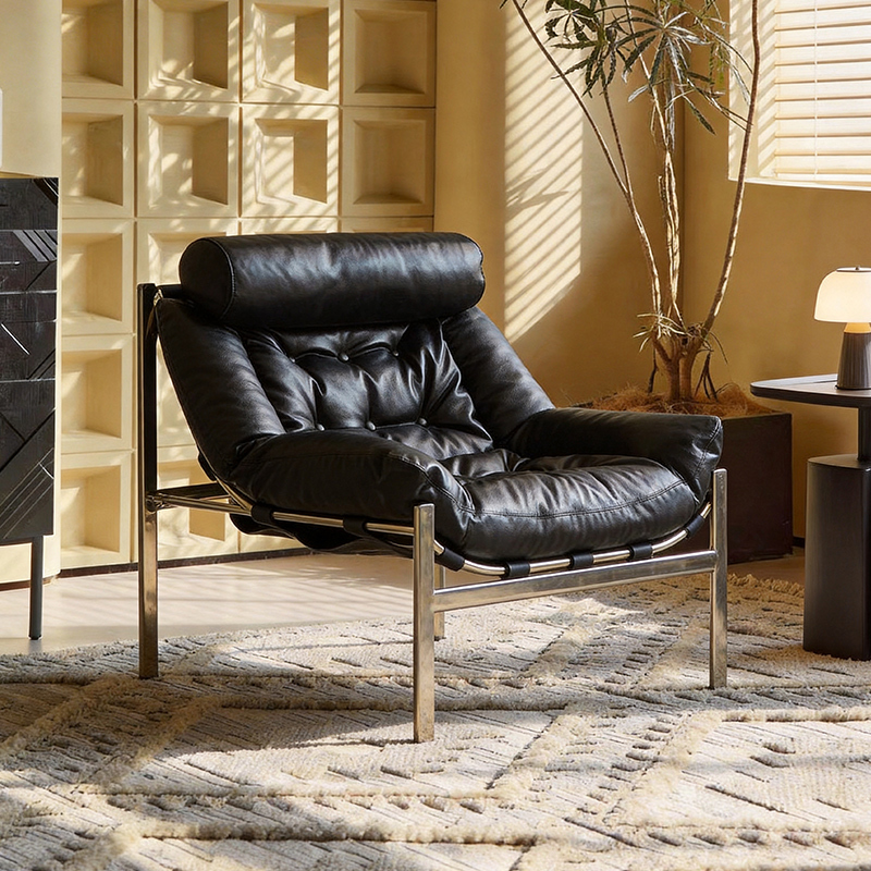 Italian Minimalist Black Stainless Steel Leather Single Sofa Chair, Mid-Century Bauhaus Style, Home Living Room Leisure Chair Italian Minimalist Black Stainless Steel Leather Single Sofa Chair, Mid-Century Bauhaus Style, Home Living Room Leisure Chair