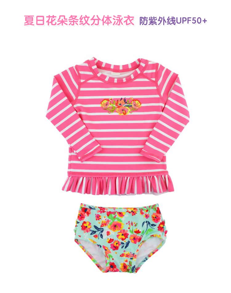 Rufflebutts Cô gái sọc hồng Hoa dài tay áo tắm chia nhỏ / Baby Baby Sun Đồ bơi quan ao boi dep