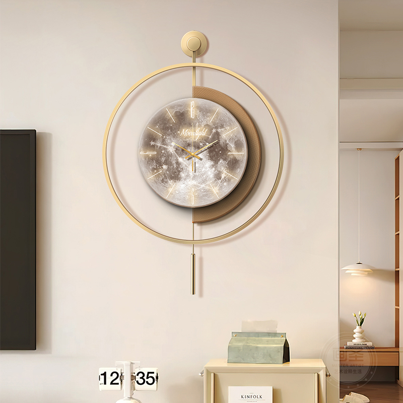 Wabi-Sabi Style Restaurant Wall Clock Dining Table Background Wall Decorative Painting Moon with Clock Mural Clock Texture Swing Clock