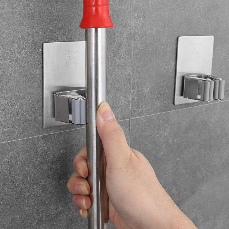 Mop rack Mop hook hole-free card clip base Powder room broom pylons Mop clip wall-mounted 304 stainless steel