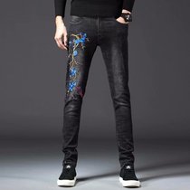 2021 national tide new hole embroidered jeans mens slim stretch pants trend embroidered mens jeans