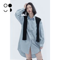 Unknown 2021 Autumn New Vintage Hong Kong wind cotton long sleeve long wear loose blue shirt Women