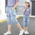 bảy điểm quần mùa hè Girls cô gái mỏng xé quần jeans 12 tuổi 10 trẻ em quần trong quần cậu bé lớn. 