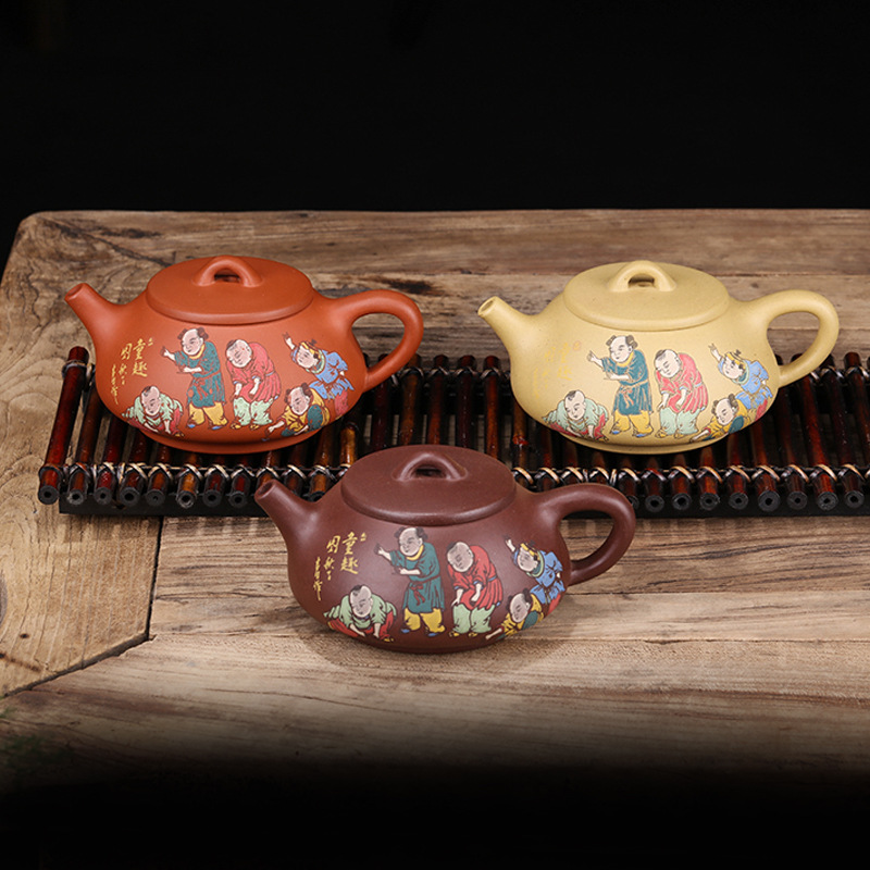 Famous Yixing purple clay pot Original mine handmade purple clay clay painting Children's fun pot gift Zhou Chengyi tea pot collection tea set