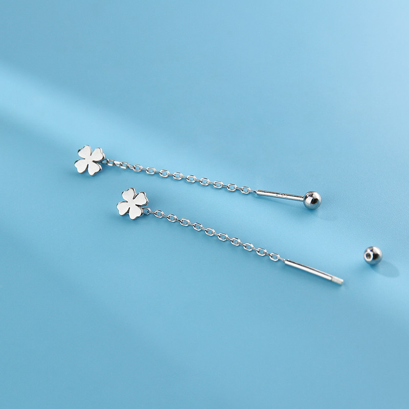 Pure silver four-leaf straw ear necklace with female screw cap flow Suearrings round face Thin Raising Earrings Accessories 2022 New wave