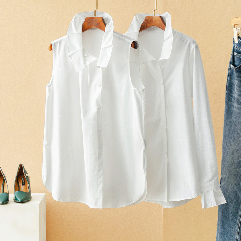 Mianwen Versatile Shirt for Layering or Wearing Alone, French-Style Elegant and Unique Design with Partial Placket, Ruffled Lace Collar, White Shirt, Long Sleeve or Sleeveless