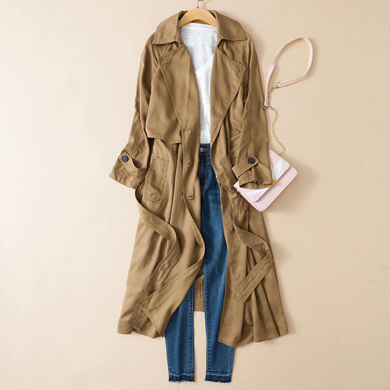 Enough atmospheric roar recommended customers for Tencel double-breasted belted super long windbreaker jacket 186199