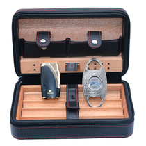 Cohiba Cigar Portable Case Cigar Cutter Lighter Set Cedar Brown Humidifying Humidor Cigar Leather Case