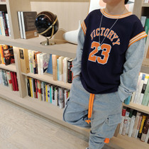 Korean version of childrens clothing spring new boys tops baby jersey sports wind fake two pieces of sweater round neck hip-hop loose