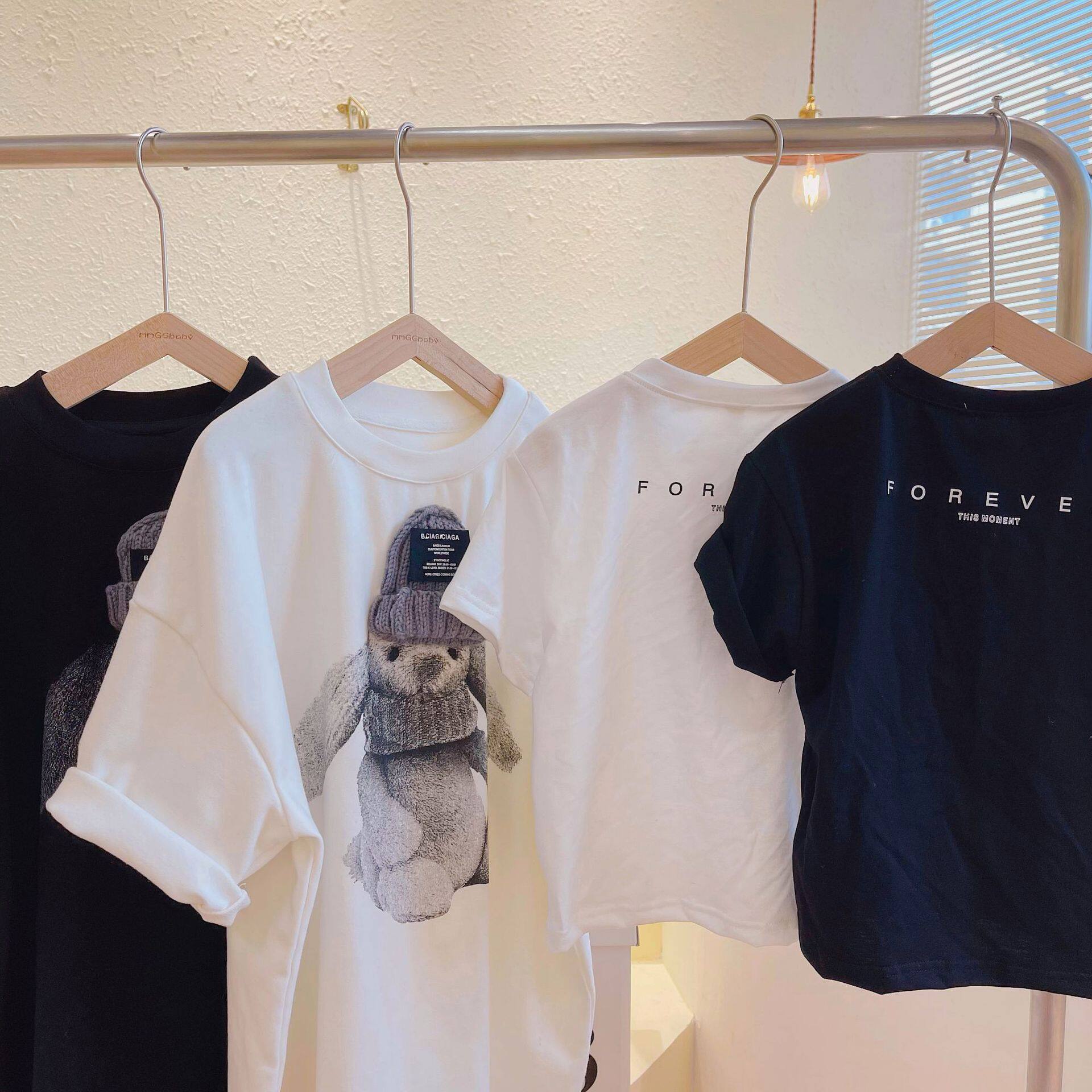 Summer new boy girl baby tops net red three-dimensional hat rabbit children short sleeves T-shirt half sleeve parent-child wear