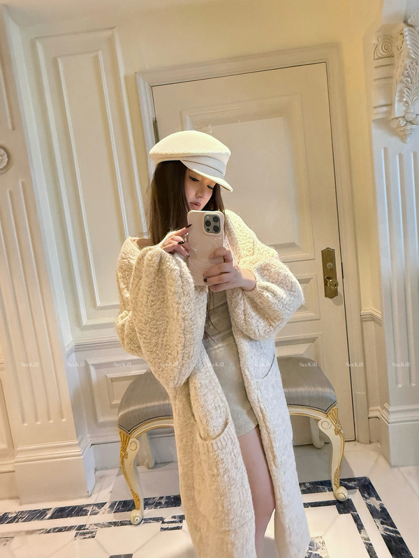 Seckill Warm Fireplace Lantern Sleeve Long Cardigan Women's Loose Wool Lazy Knit Jacket