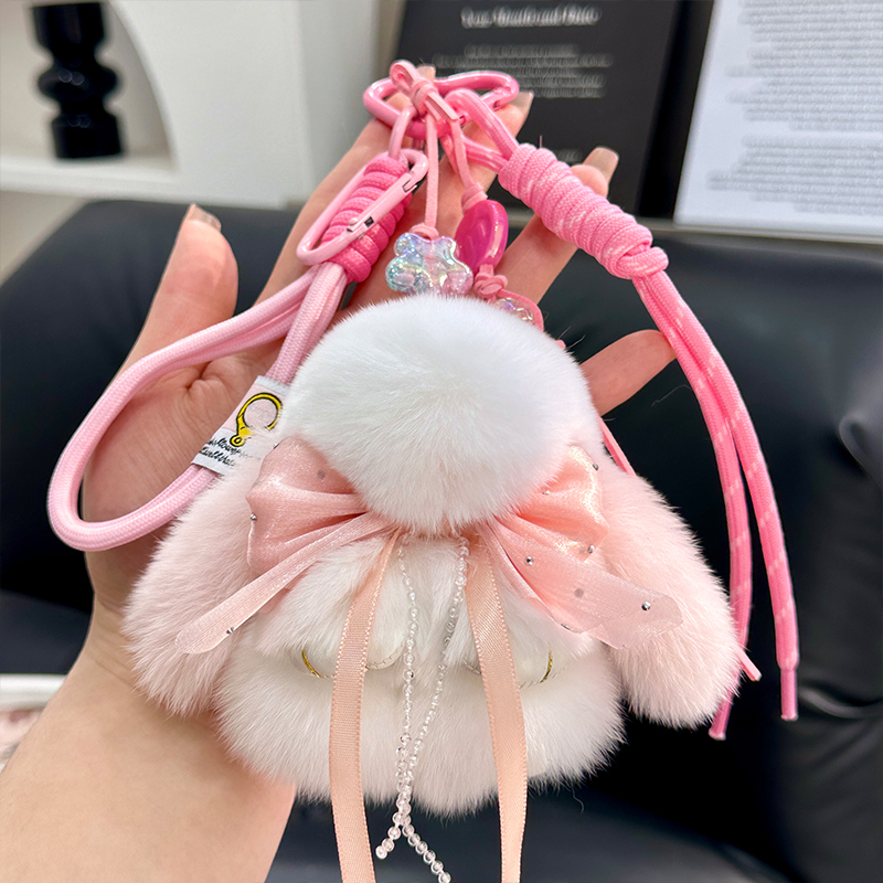 Cute Real Rex Rabbit Fur Bunny Car Keychain Pendant Plush Doll Toy Backpack Decoration Gift for Women