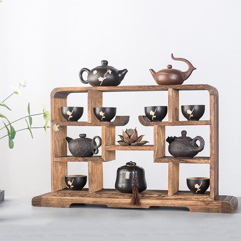 Xiaobo ancient shelf display stand desktop teacup teapot decoration rack small Chinese tea set mini solid wood shelf