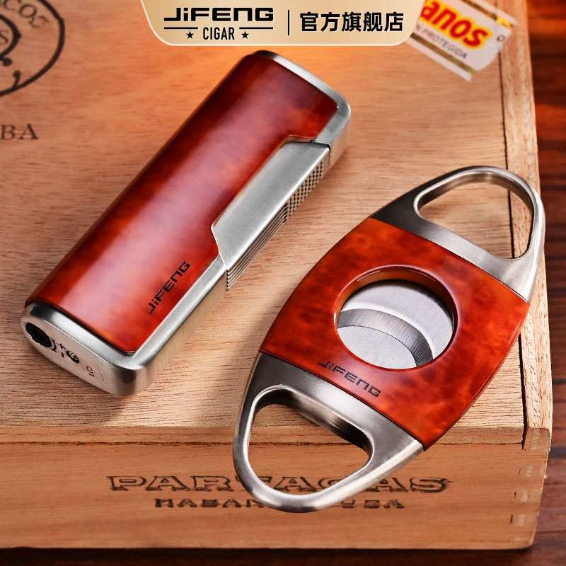 Jifeng Monsoon Cigar Scissors Alloy Body Lighter Set Stainless Steel Sharp Cigar Scissors Two Piece Set