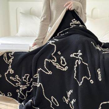 Half-side velvet line blanket nordic style knitted velvet blanket living room sofa leisure carpet map pattern knitted blanket