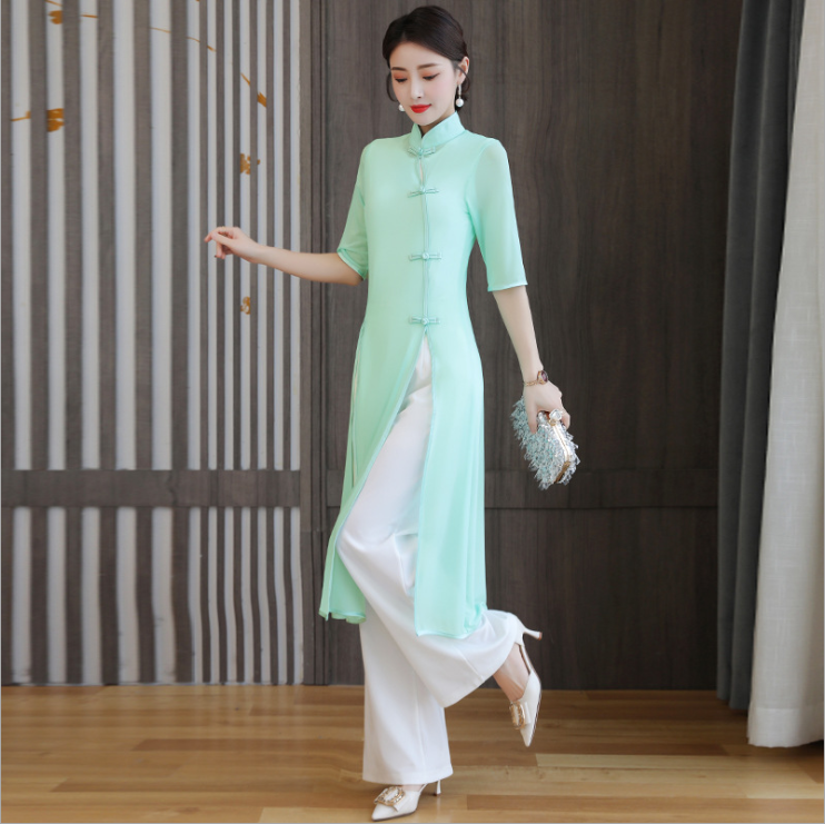 Physical clothing women's catwalk performance clothing summer cheongsam chiffon pants dance clothing cheongsam improved Ao Dai Chinese style suit