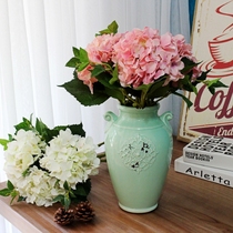 Large Mediterranean French celadon jade green ceramic vase four high-grade long branch hydrangea simulation flower combination floral art